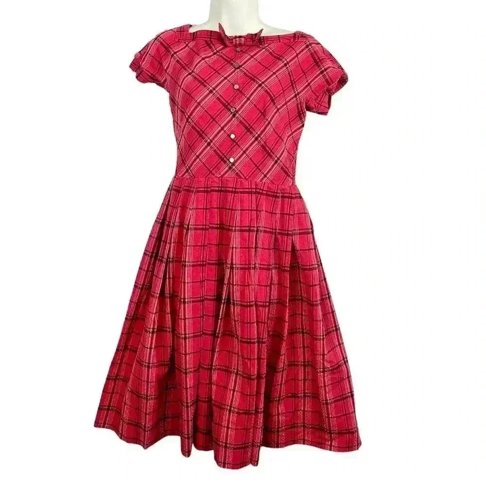 VTG Jonathan Logan Dress Sz 9 Pink Plaid‎ Swiss Dot 1960s Zip Back